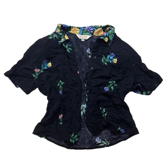 80s BRAEMAR X JEREMY SCOTT women's black floral blouse w/shoulder pads, 12 US. - Picture 3 of 5
